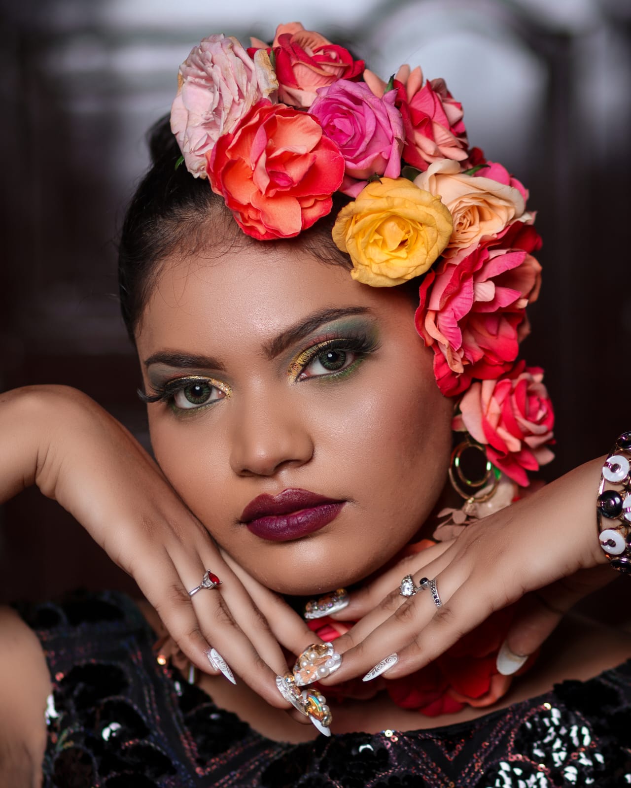 Close-up editorial makeup and nail styling by Prayosha Salon & Academy