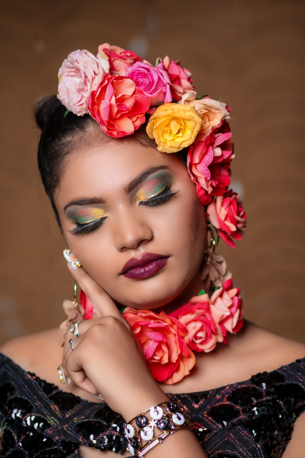 Floral crown editorial makeup look by Prayosha Salon & Academy